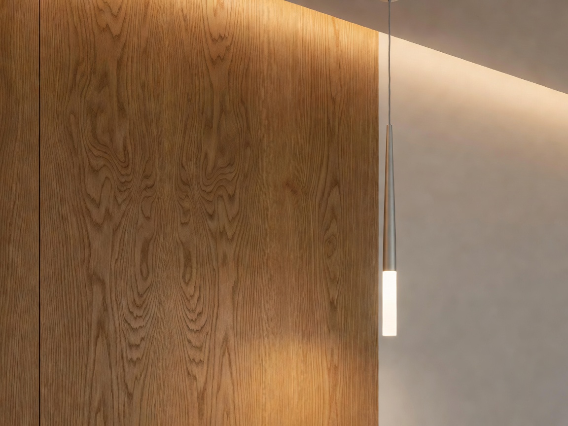 Architectural interior detail showing modern lighting and natural wood textures