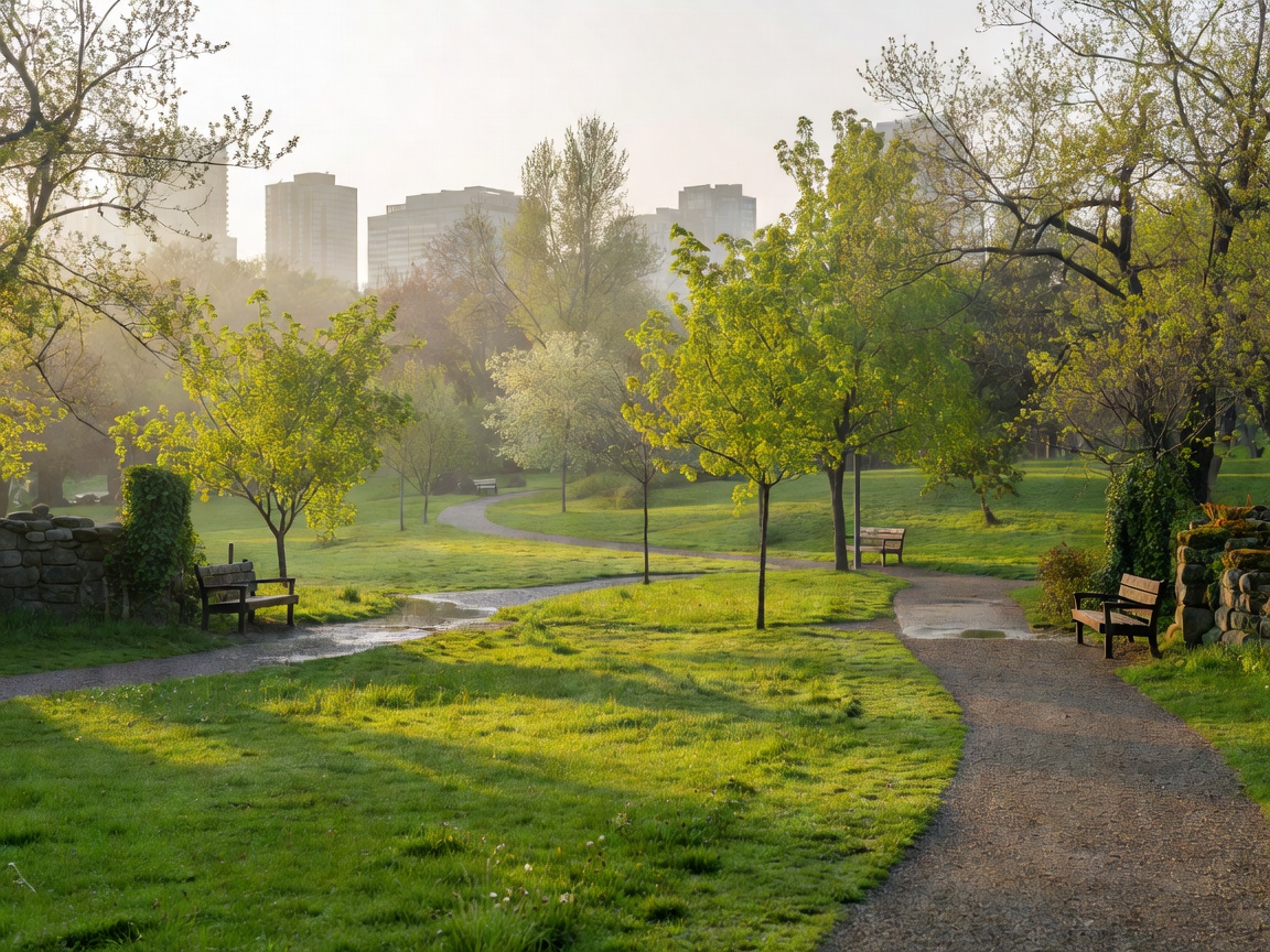 Canadian city park with fresh spring greenery and soft morning light