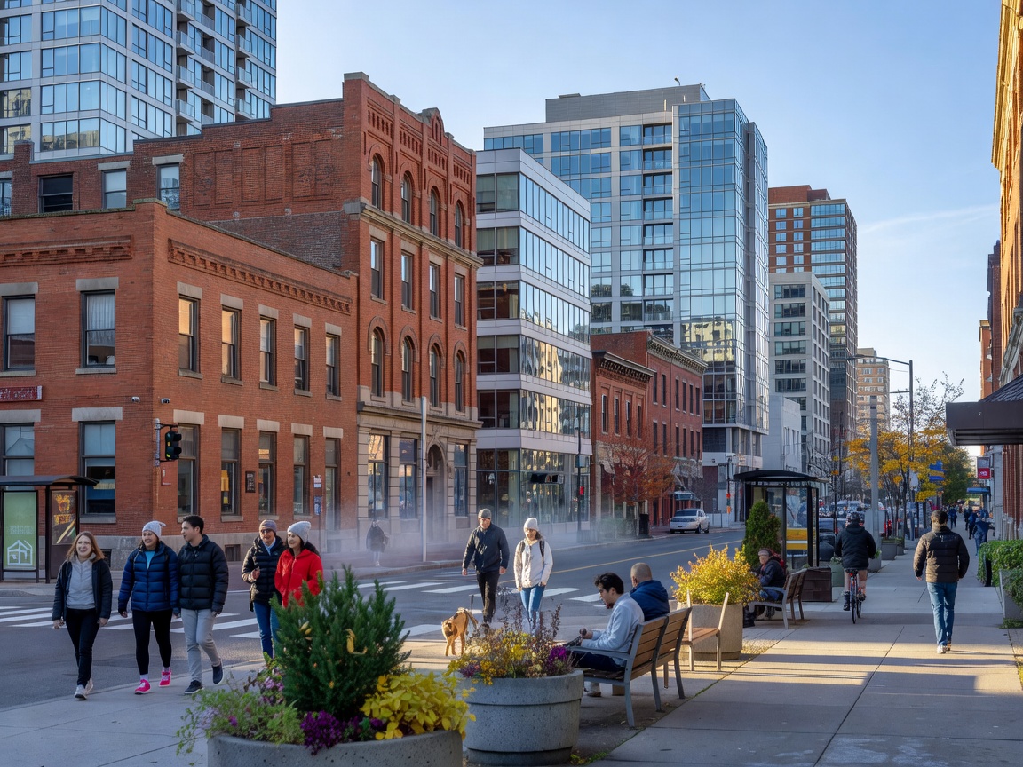 Canadian urban architecture and a lively local street in the city