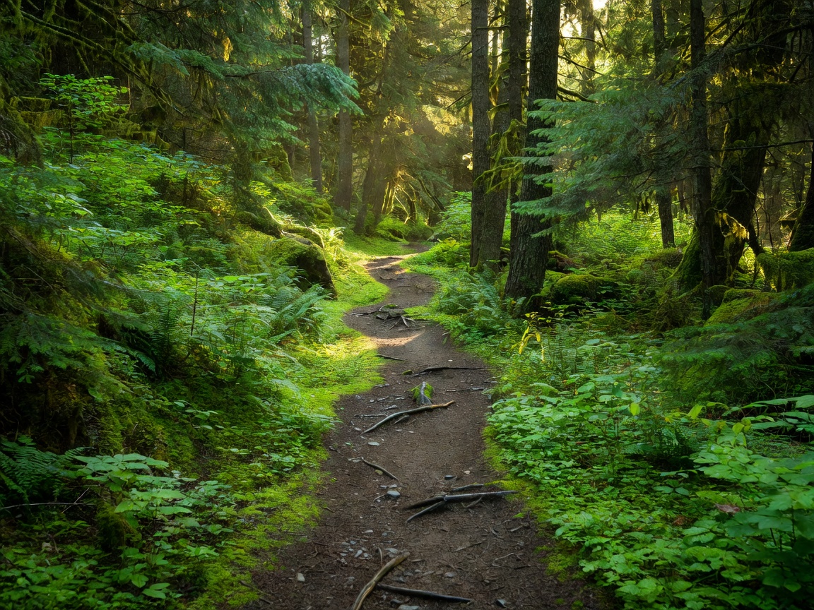 Canadian walking trail from a human-scale perspective surrounded by lush greenery