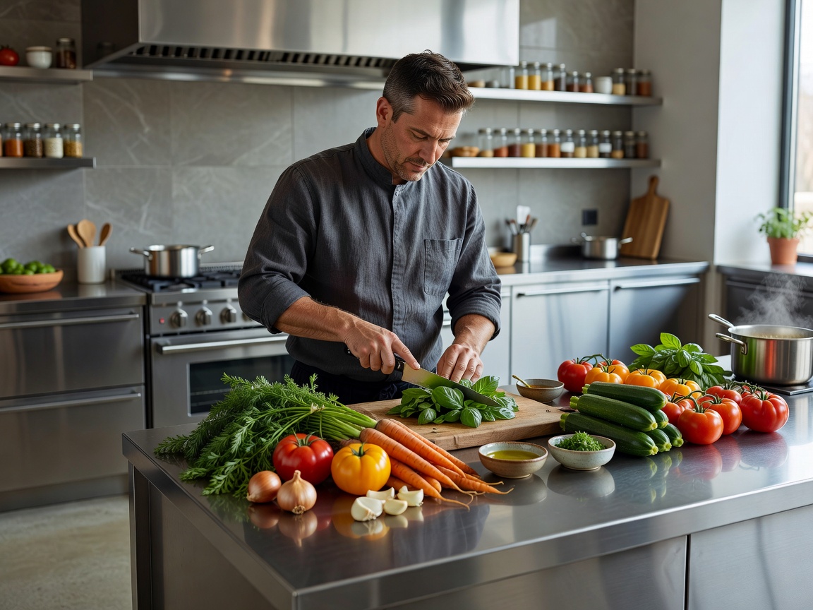 Chef preparation detail with natural ingredients in a modern restaurant kitchen