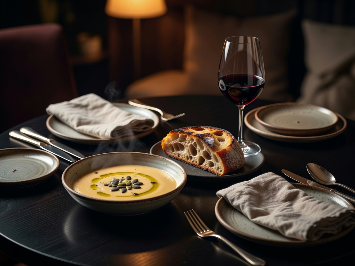 Close editorial food composition highlighting the dining table atmosphere