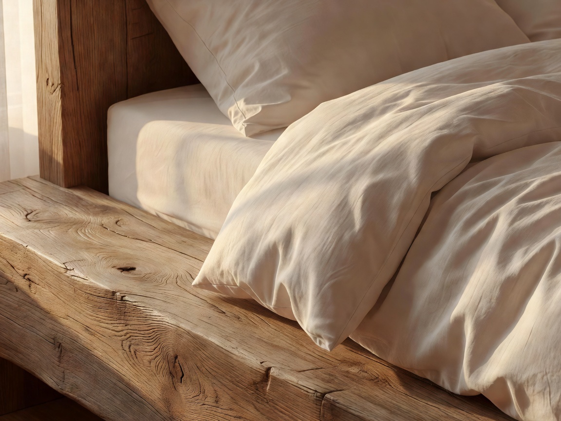 Close up architectural detail of natural wood textures and comfortable bedding in calm morning light