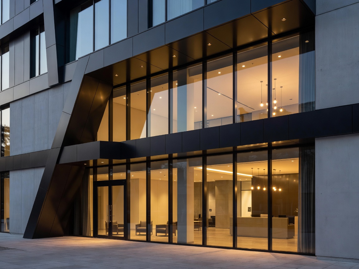 Contemporary Canadian hotel entrance with architectural lines and warm interior lighting visible through large windows in the evening