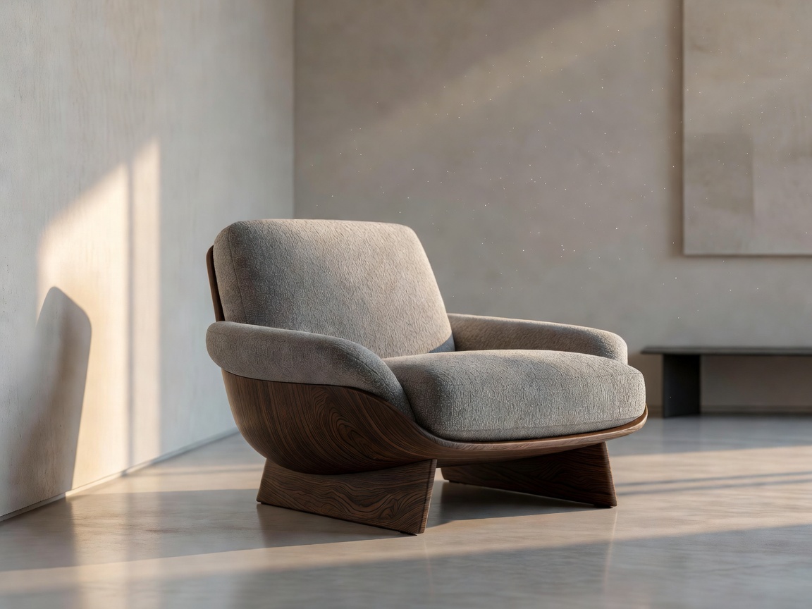 Contemporary interior detail with a designer lounge chair in calm morning light