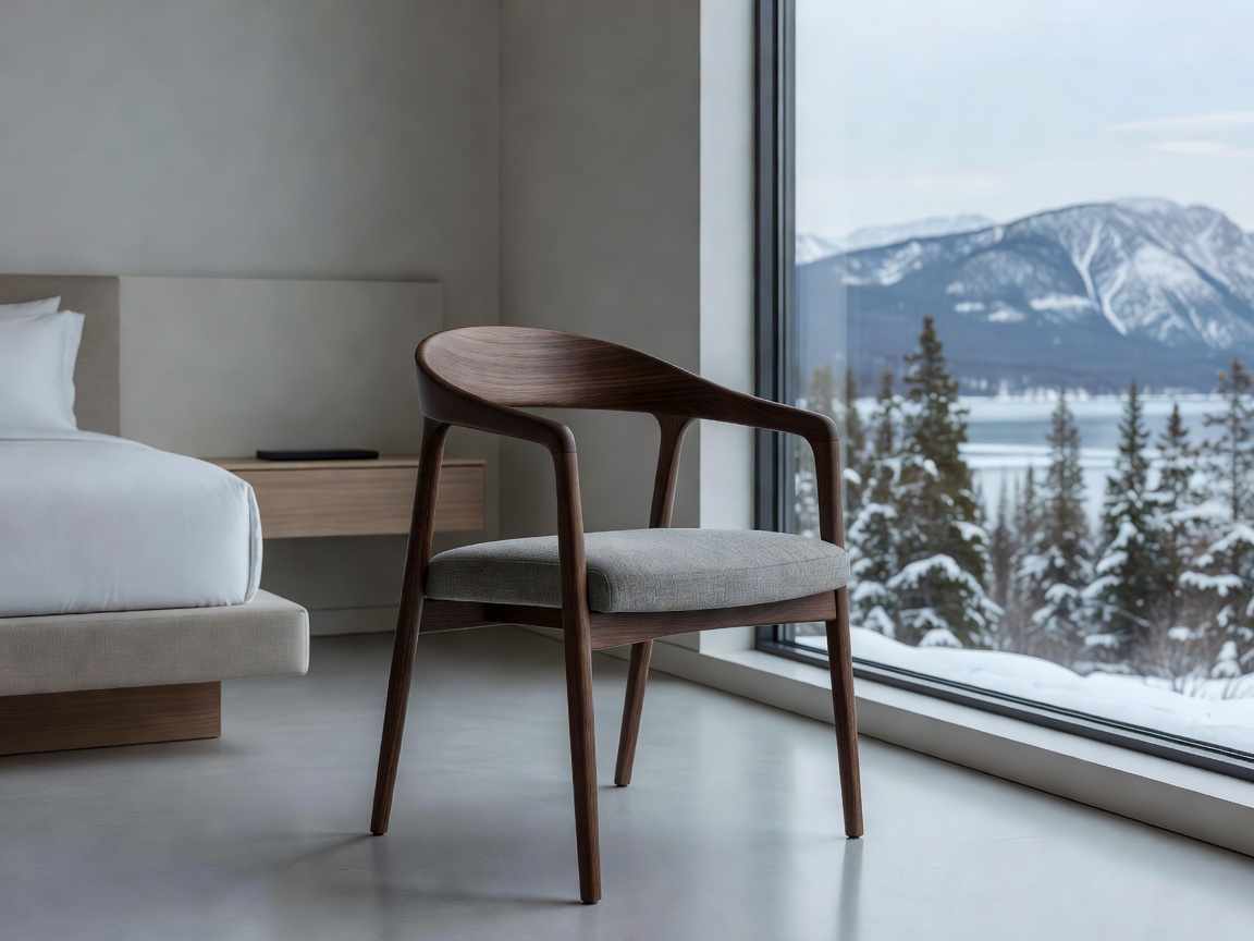 Designer chair beside a large window in a modern Canadian hotel room