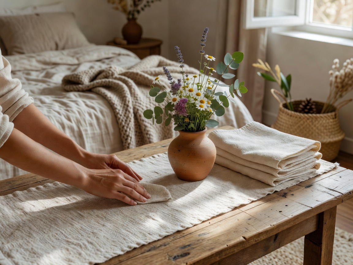 Hospitality detail showing hands preparing a welcoming room with natural materials