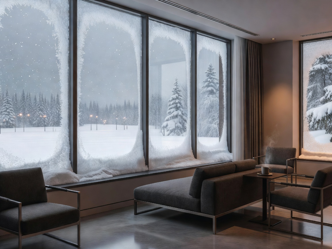 Modern Canadian hotel interior viewed through snowy windows with winter atmosphere