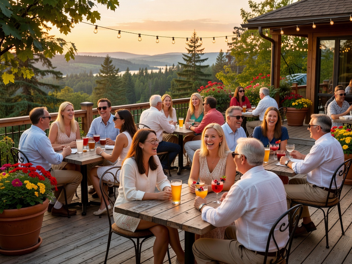 Outdoor hotel terrace lifestyle scene with people enjoying the warm Canadian summer atmosphere