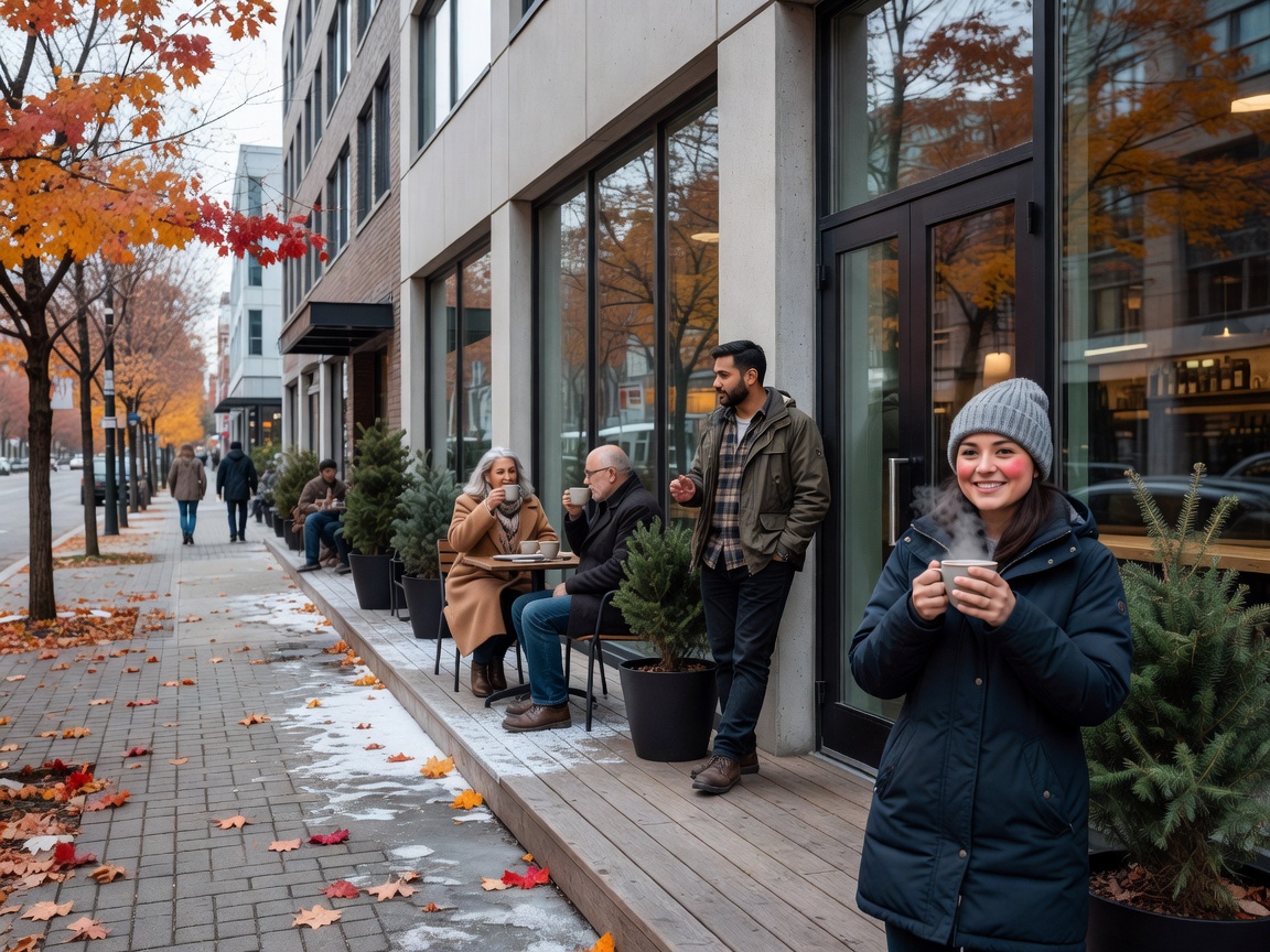 Seasonal lifestyle scene outside a modern Canadian city cafe