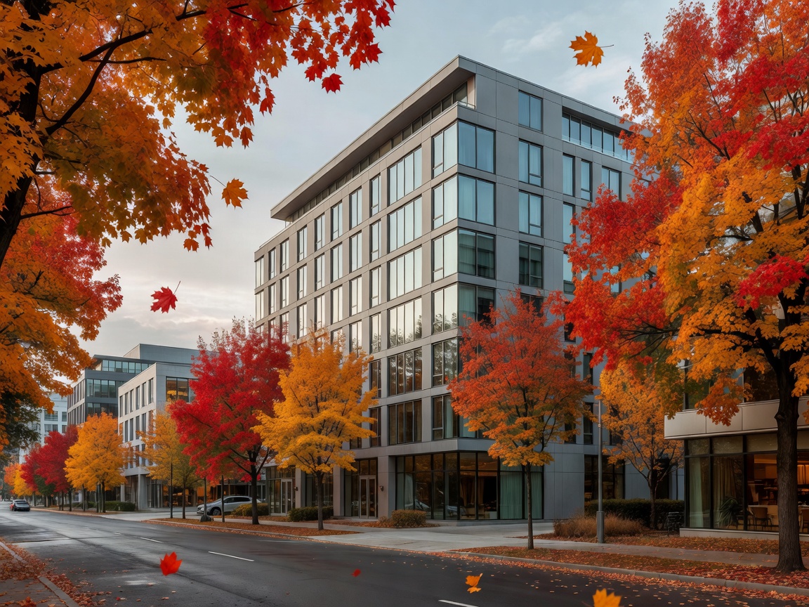 Urban Canadian street and modern hotel surroundings with colourful autumn trees