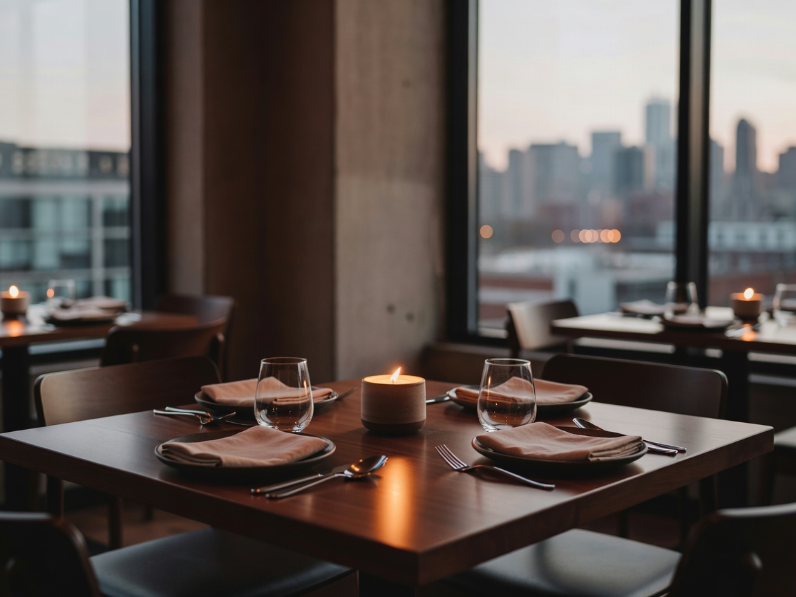 Warm and intimate dining table setting in a modern urban Canadian restaurant